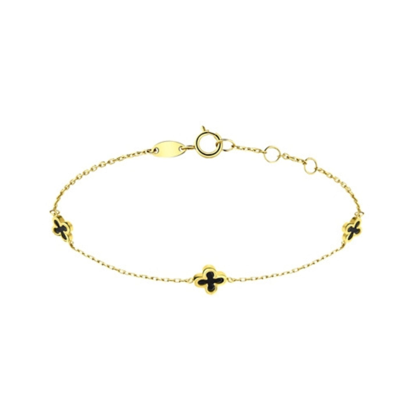 14 Karat - Bracelet with 3 Onyx Clovers - Yellow Gold