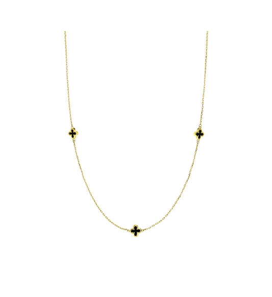 Enchanting Clover: 14K Yellow Gold Necklace with Onyx Trio